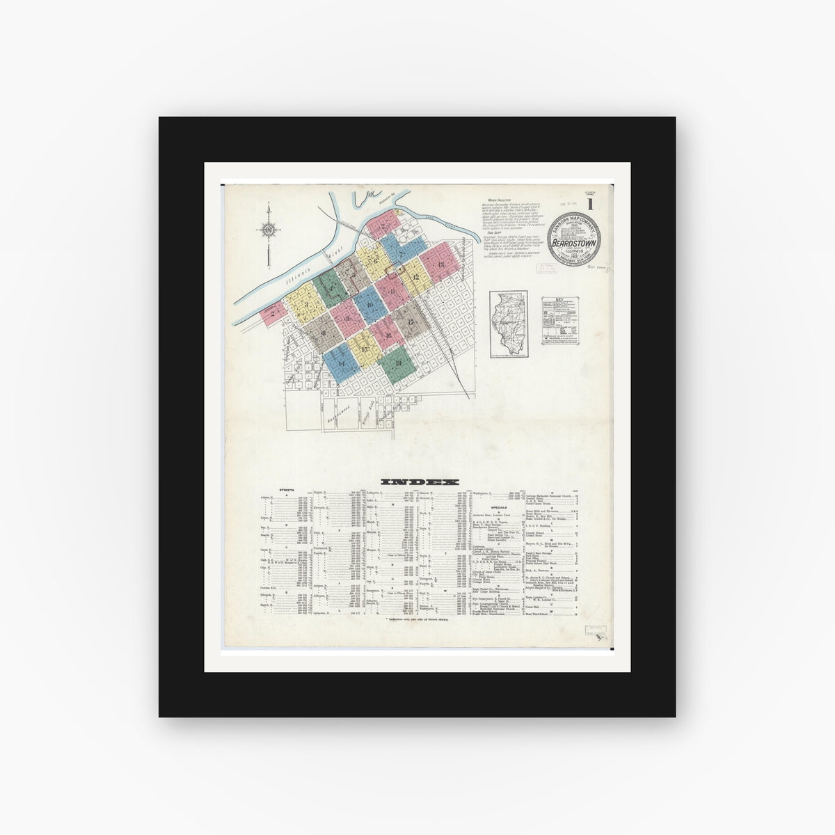 Old map wall art mockup — black gallery frame with white mat — Sanborn Fire Insurance Map from Beardstown, Cass County, Illinois (1913), Sheet #0001