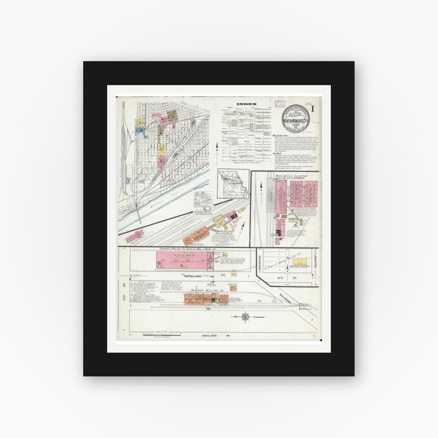 Old map wall art mockup — black gallery frame with white mat — Sanborn Fire Insurance Map from North Kansas City, Clay County, Missouri (1918) - Complete Map Set