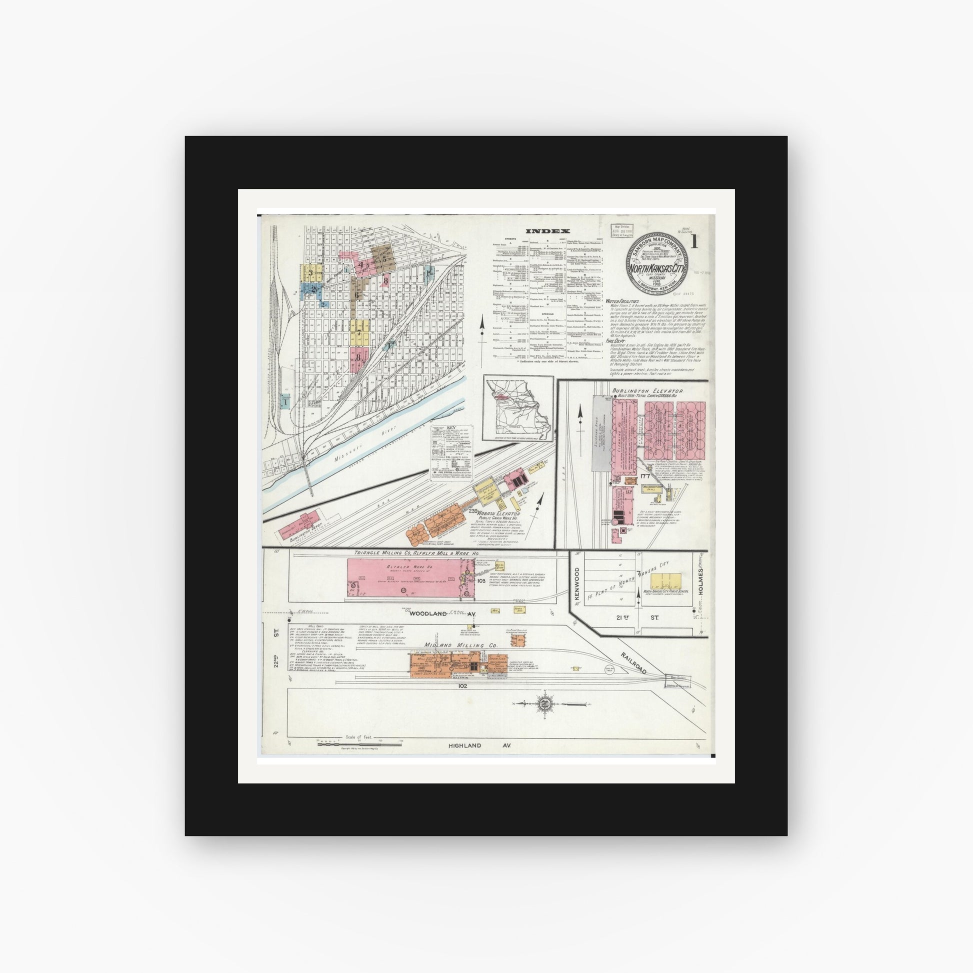 Old map wall art mockup — black gallery frame with white mat — Sanborn Fire Insurance Map from North Kansas City, Clay County, Missouri (1918) - Complete Map Set