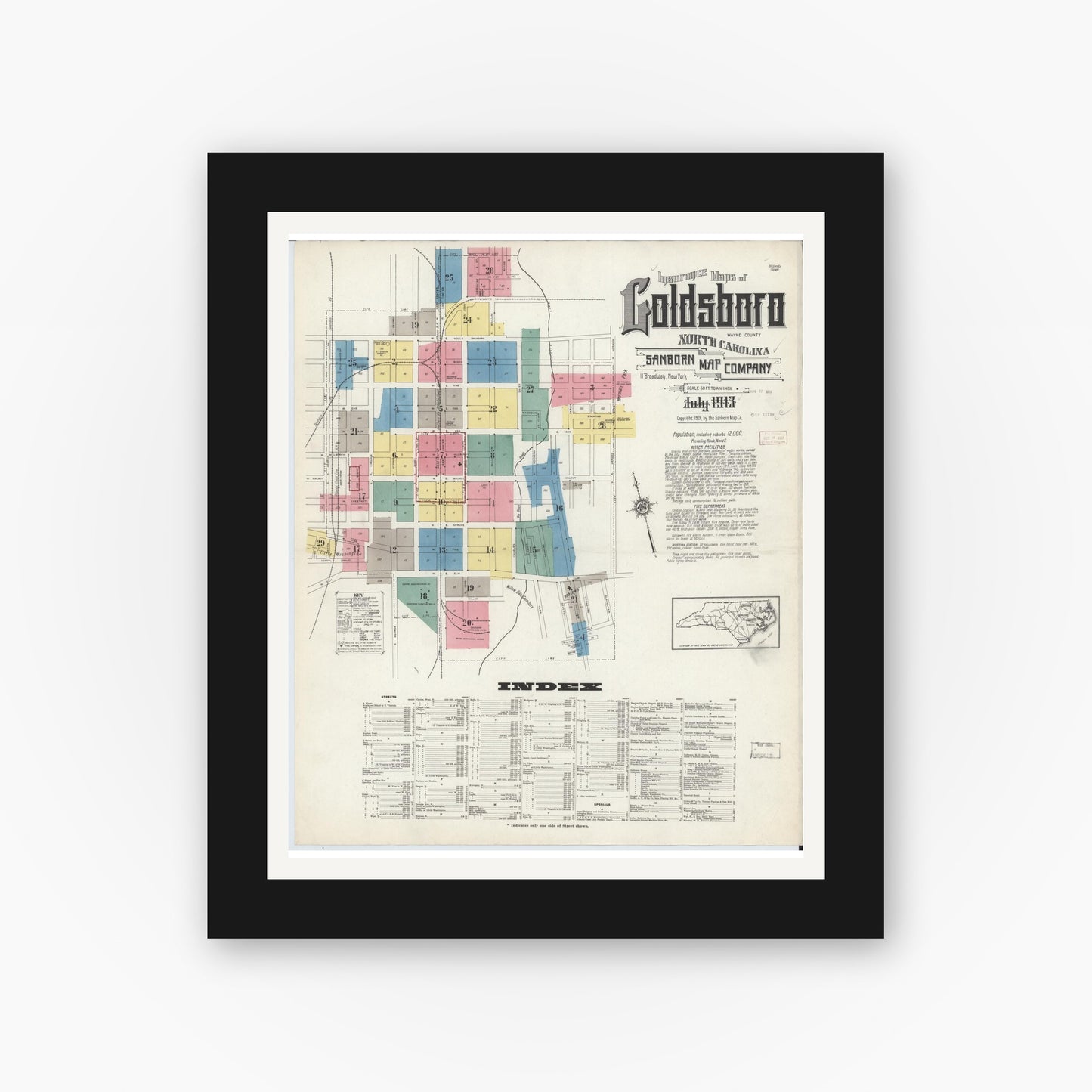 Old map wall art mockup — black gallery frame with white mat — Sanborn Fire Insurance Map from Goldsboro, Wayne County, North Carolina (1913) - Complete Map Set