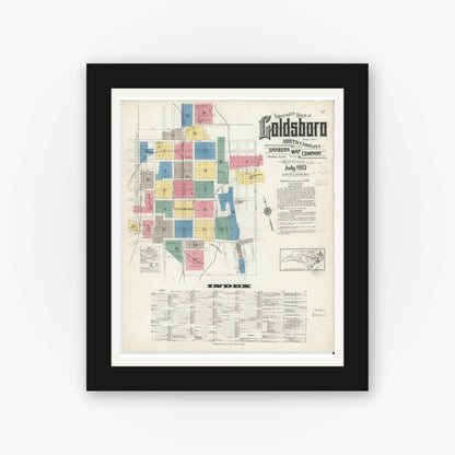 Old map wall art mockup — black gallery frame with white mat — Sanborn Fire Insurance Map from Goldsboro, Wayne County, North Carolina (1913) - Complete Map Set