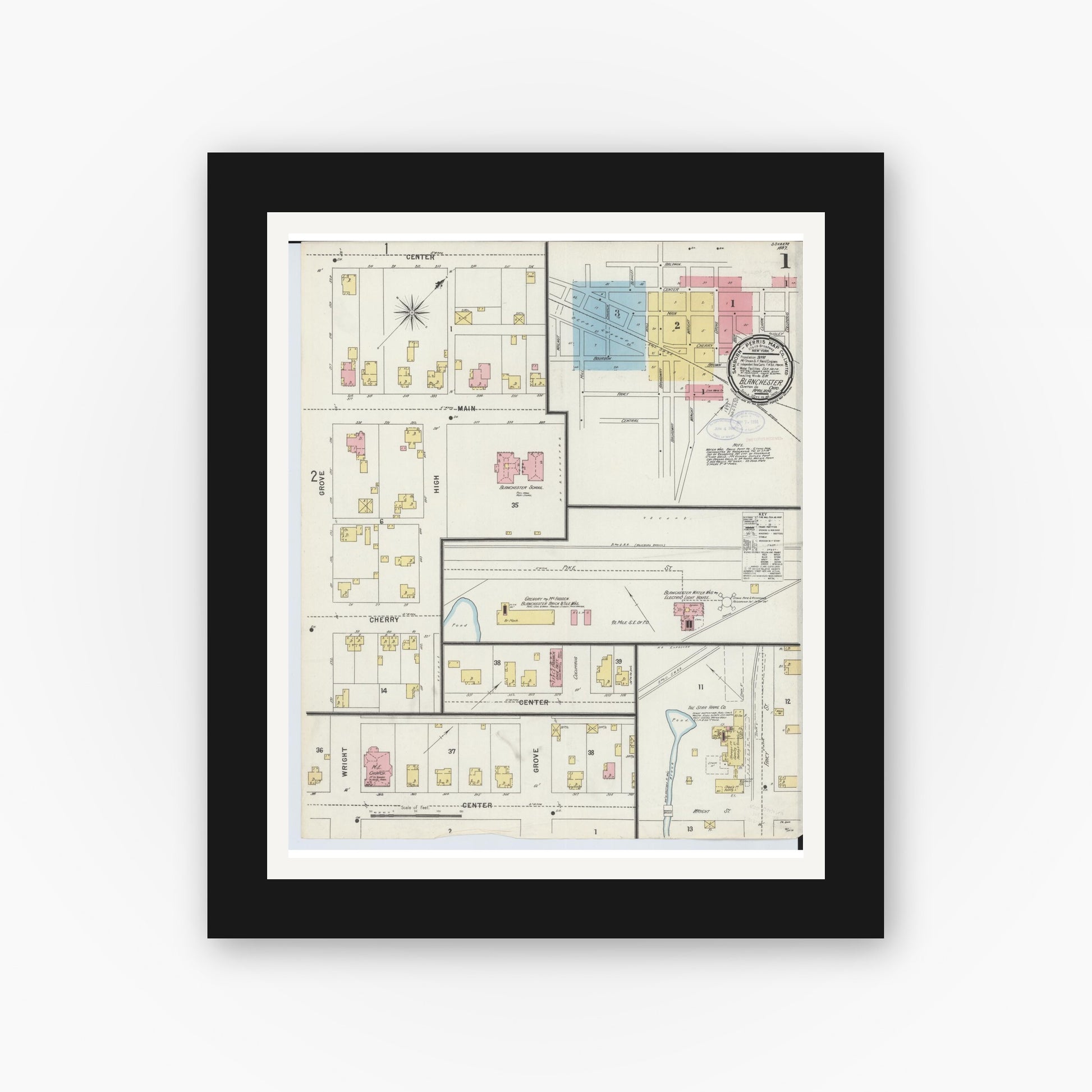 Old map wall art mockup — black gallery frame with white mat — Sanborn Fire Insurance Map from Blanchester, Clinton County, Ohio (1898) - Complete Map Set