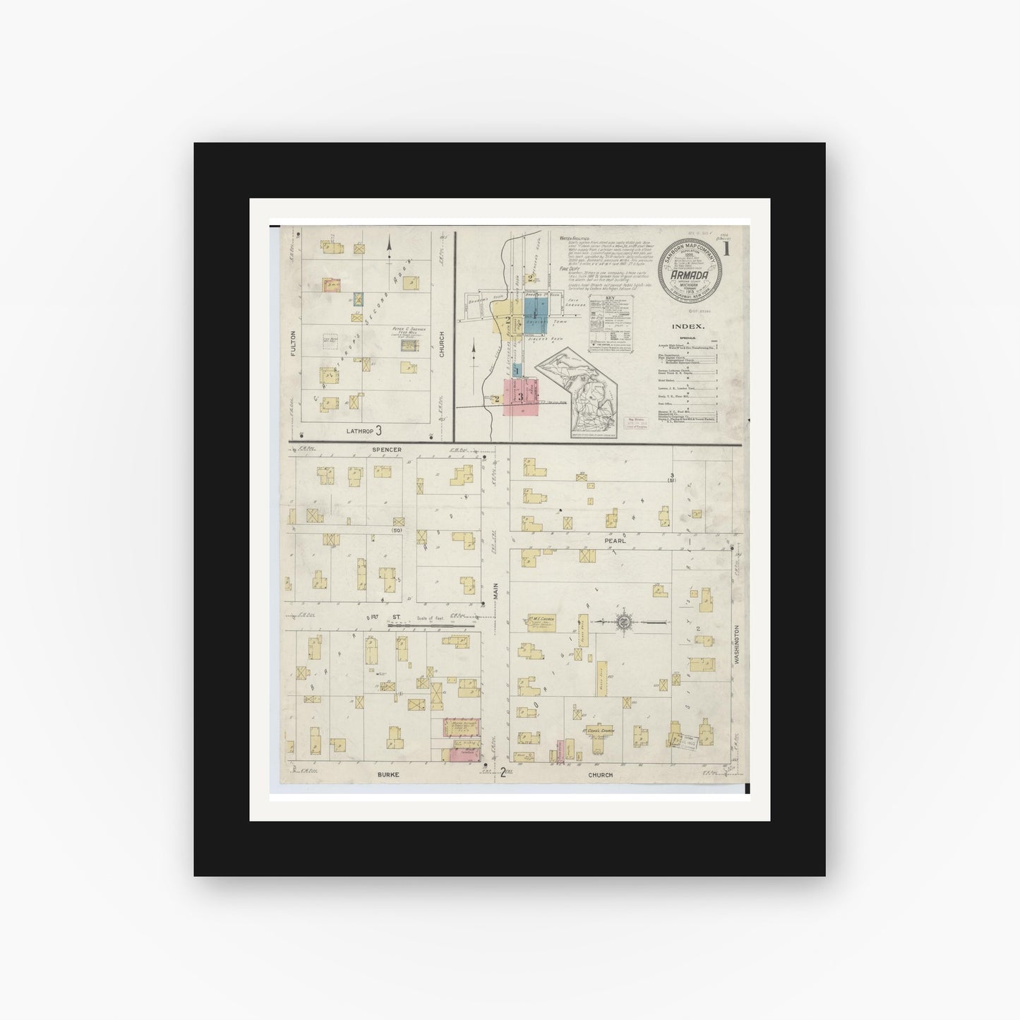 Old map wall art mockup — black gallery frame with white mat — Sanborn Fire Insurance Map from Armada, Macomb County, Michigan (1913), Sheet #0001