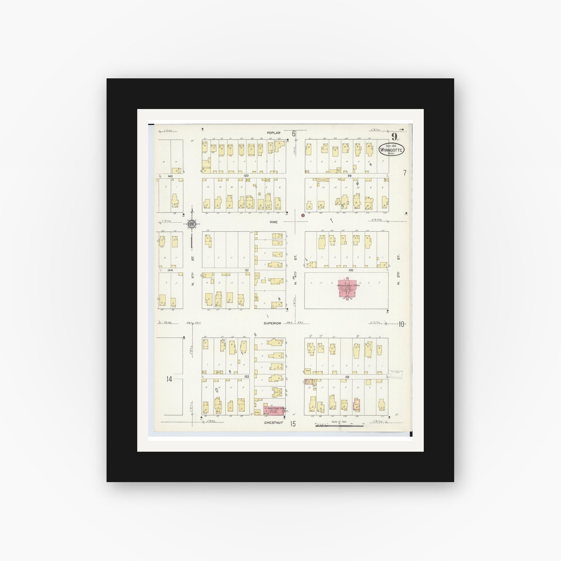 Old map wall art mockup — black gallery frame with white mat — Sanborn Fire Insurance Map from Wyandotte, Wayne County, Michigan (1912), Sheet #0009
