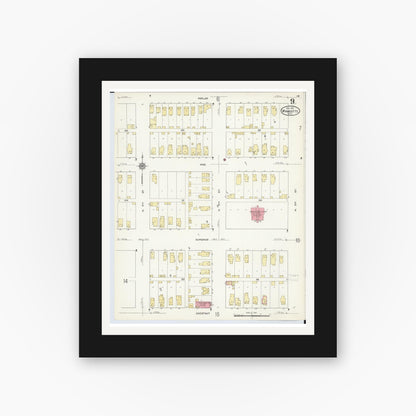Old map wall art mockup — black gallery frame with white mat — Sanborn Fire Insurance Map from Wyandotte, Wayne County, Michigan (1912), Sheet #0009