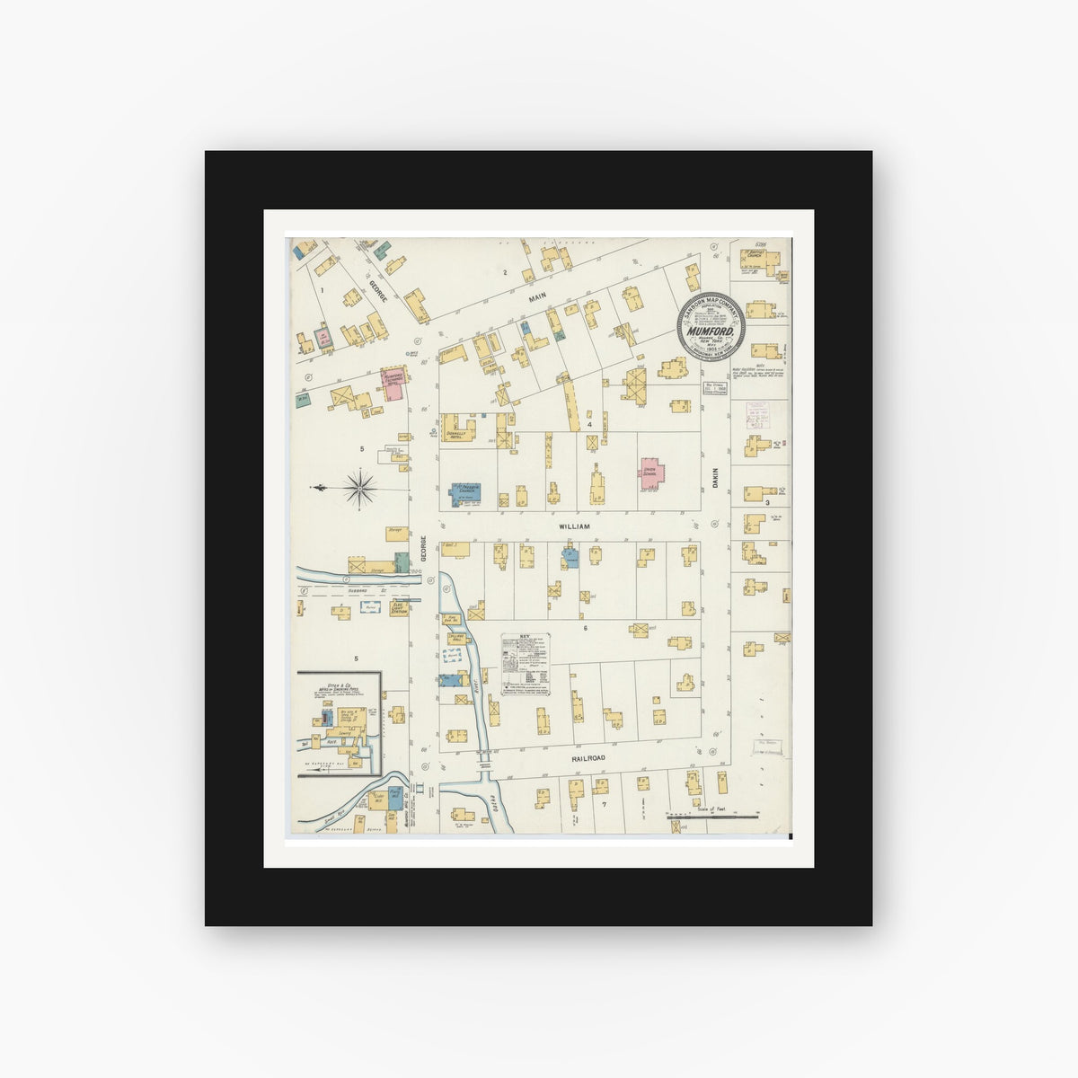 Old map wall art mockup — black gallery frame with white mat — Sanborn Fire Insurance Map from Mumford, Monroe County, New York (1903), Sheet #0001