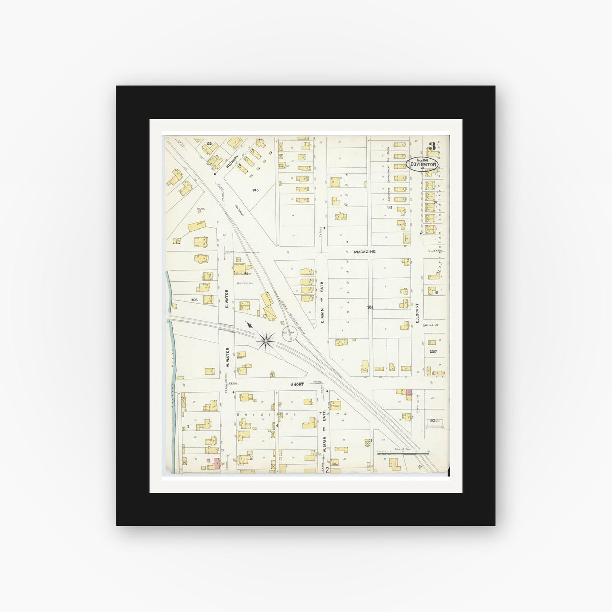 Old map wall art mockup — black gallery frame with white mat — Sanborn Fire Insurance Map from Covington, Independent Cities, Virginia (1907), Sheet #0003