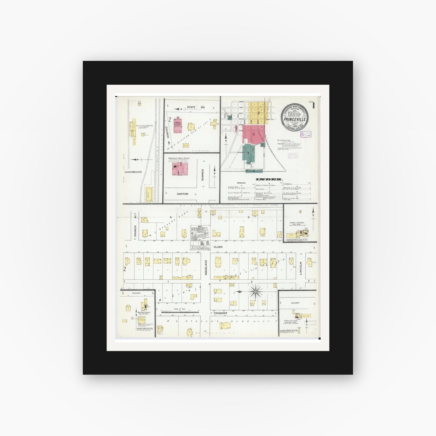 Old map wall art mockup — black gallery frame with white mat — Sanborn Fire Insurance Map from Princeville, Peoria County, Illinois (1909) - Complete Map Set