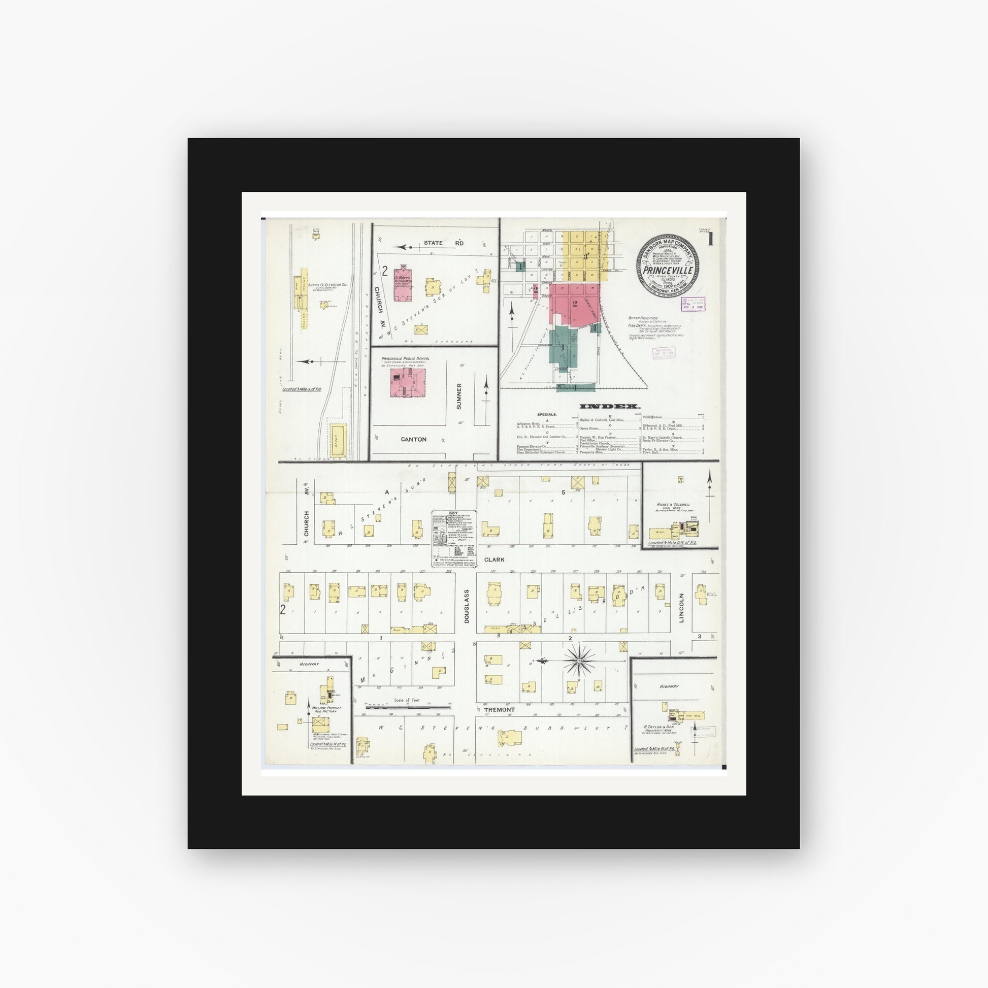 Old map wall art mockup — black gallery frame with white mat — Sanborn Fire Insurance Map from Princeville, Peoria County, Illinois (1909) - Complete Map Set