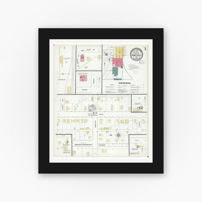 Old map wall art mockup — black gallery frame with white mat — Sanborn Fire Insurance Map from Princeville, Peoria County, Illinois (1909) - Complete Map Set