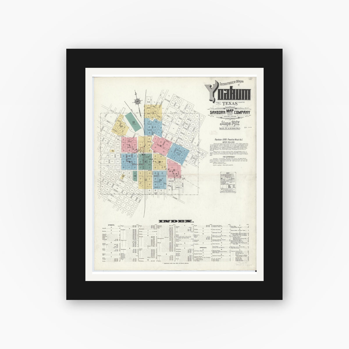 Old map wall art mockup — black gallery frame with white mat — Sanborn Fire Insurance Map from Yoakum, De Witt And Lavaca Counties, Texas (1912) - Complete Map Set
