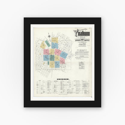 Old map wall art mockup — black gallery frame with white mat — Sanborn Fire Insurance Map from Yoakum, De Witt And Lavaca Counties, Texas (1912) - Complete Map Set
