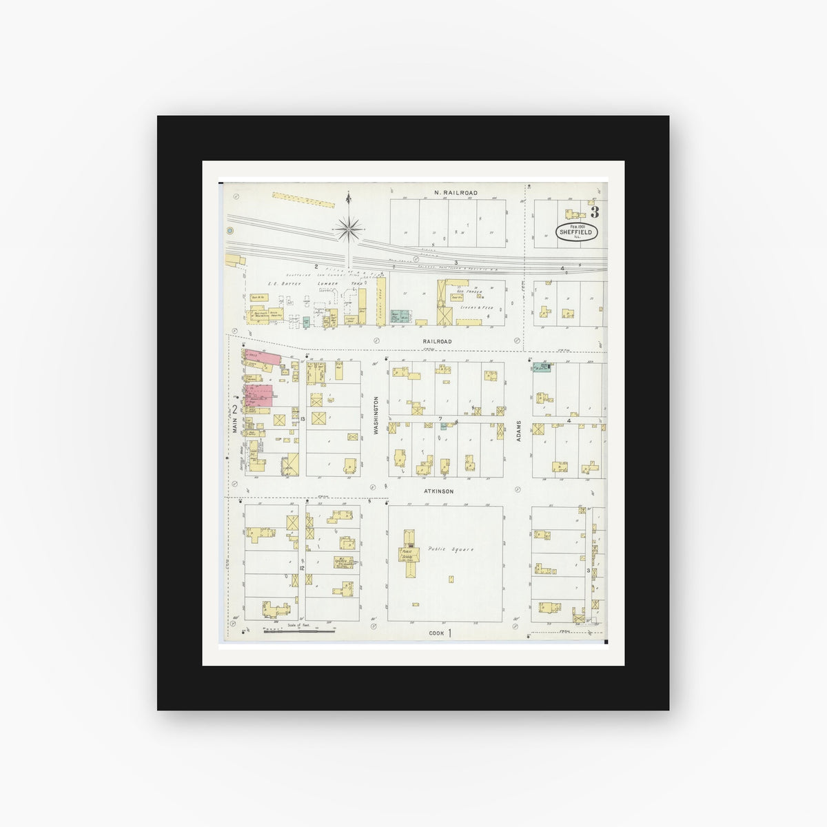 Old map wall art mockup — black gallery frame with white mat — Sanborn Fire Insurance Map from Sheffield, Bureau County, Illinois (1901), Sheet #0003