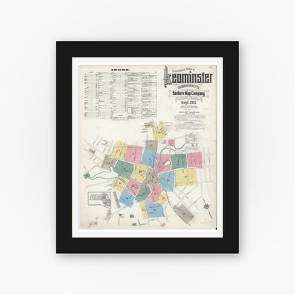 Old map wall art mockup — black gallery frame with white mat — Sanborn Fire Insurance Map from Leominster, Worcester County, Massachusetts (1912), Sheet #0001