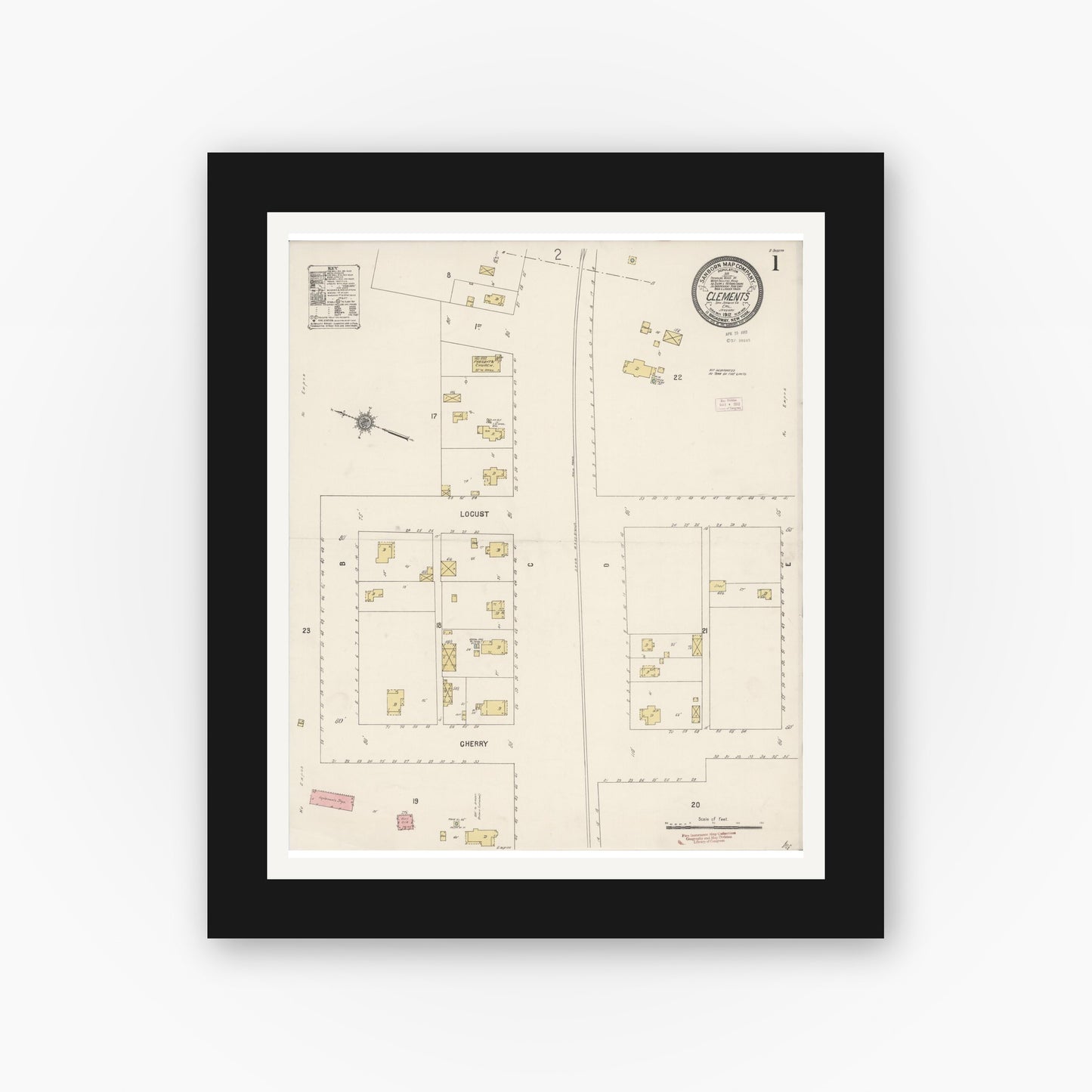 Old map wall art mockup — black gallery frame with white mat — Sanborn Fire Insurance Map from Clements, San Joaquin County, California (1912) - Complete Map Set