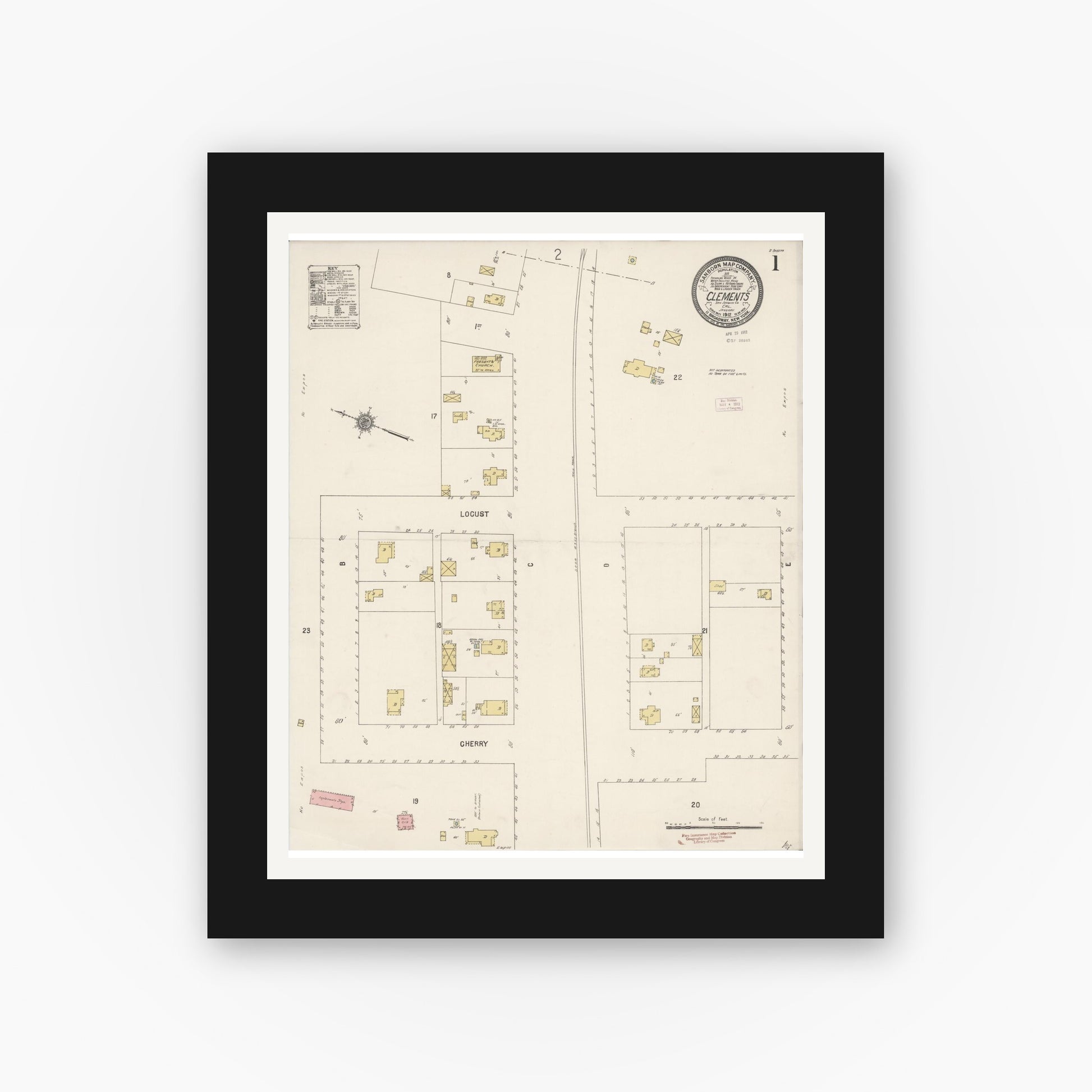 Old map wall art mockup — black gallery frame with white mat — Sanborn Fire Insurance Map from Clements, San Joaquin County, California (1912) - Complete Map Set