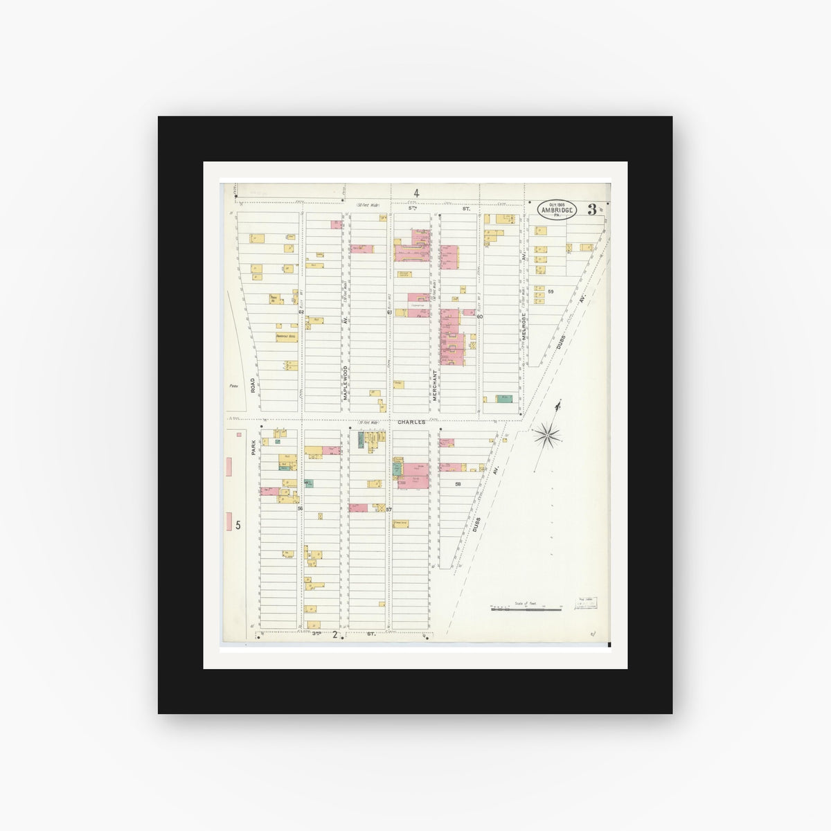 Old map wall art mockup — black gallery frame with white mat — Sanborn Fire Insurance Map from Ambridge, Beaver County, Pennsylvania (1905), Sheet #0003