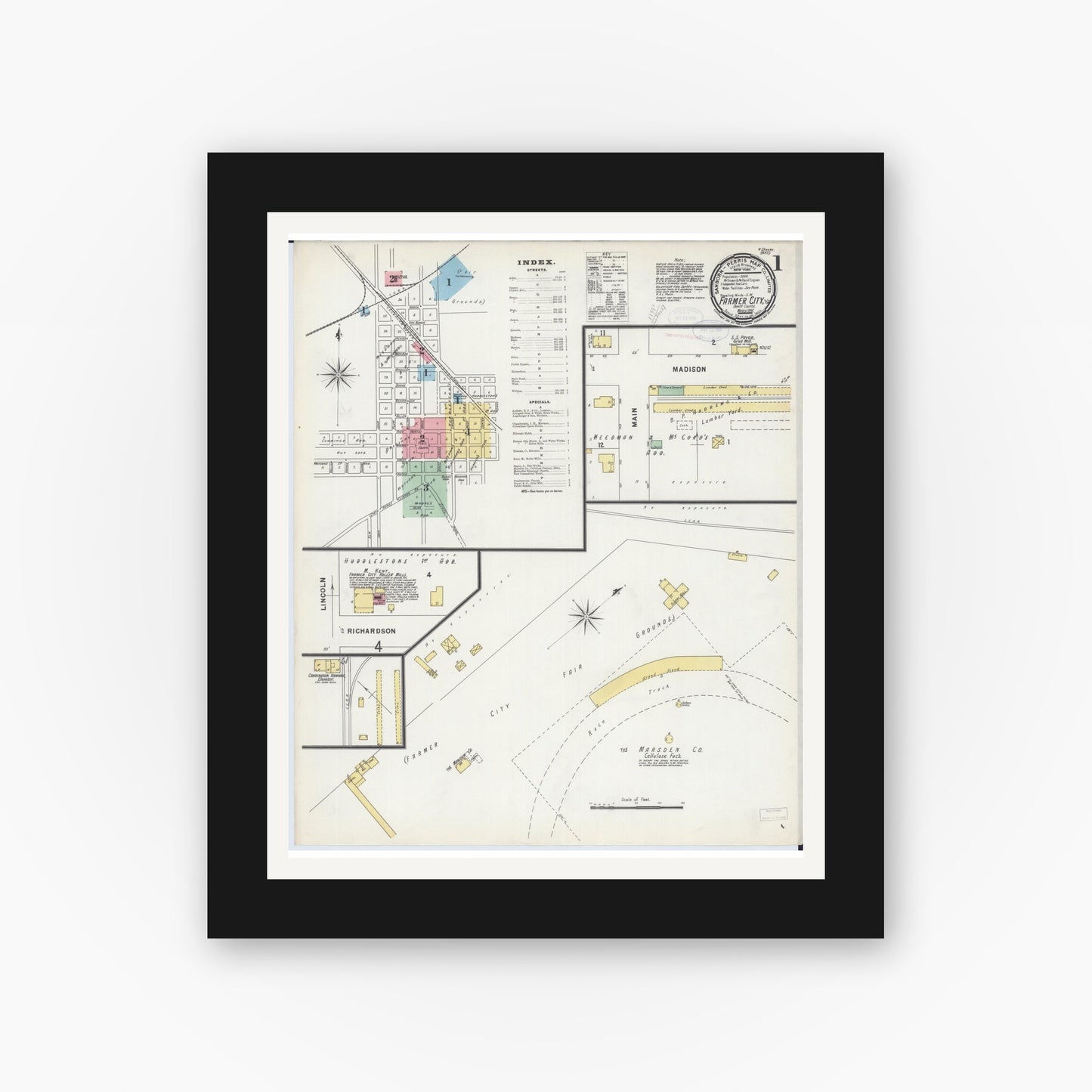 Old map wall art mockup — black gallery frame with white mat — Sanborn Fire Insurance Map from Farmer City, De Witt County, Illinois (1898) - Complete Map Set