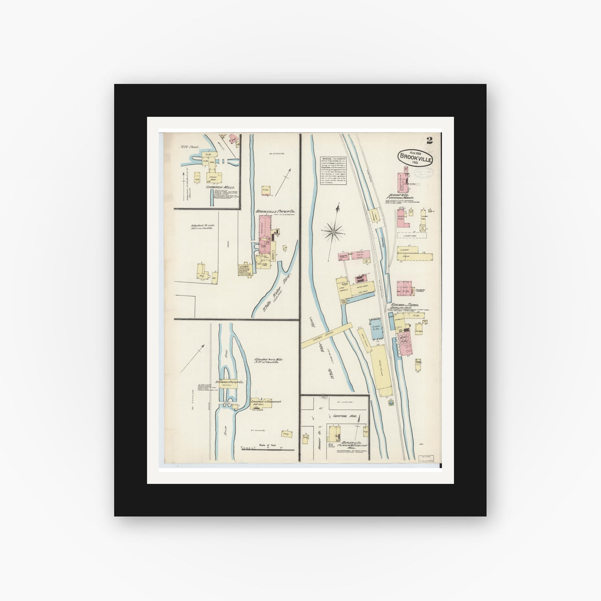 Old map wall art mockup — black gallery frame with white mat — Sanborn Fire Insurance Map from Brookville, Franklin County, Indiana (1883), Sheet #0002