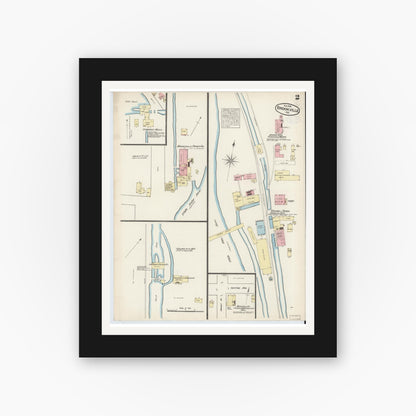 Old map wall art mockup — black gallery frame with white mat — Sanborn Fire Insurance Map from Brookville, Franklin County, Indiana (1883), Sheet #0002