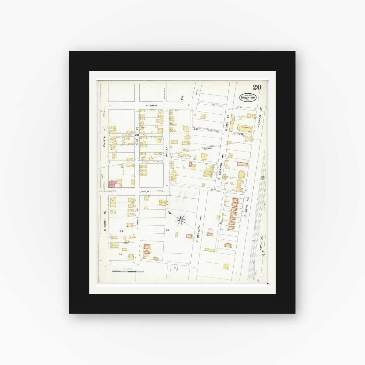 Old map wall art mockup — black gallery frame with white mat — Sanborn Fire Insurance Map from Tarentum, Allegheny County, Pennsylvania (1909), Sheet #0020