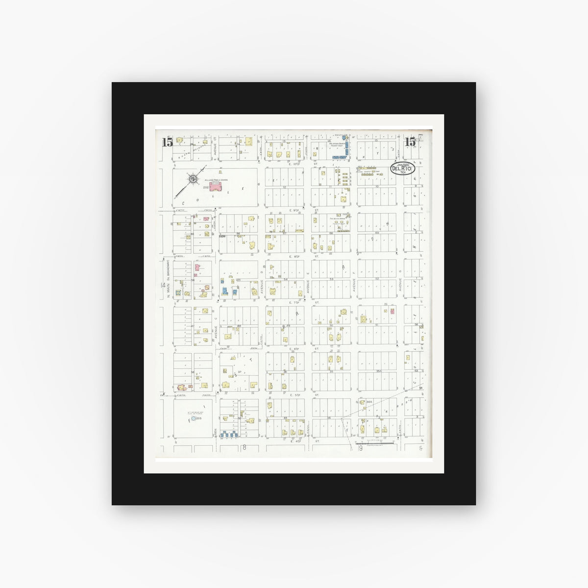 Old map wall art mockup — black gallery frame with white mat — Sanborn Fire Insurance Map from Del Rio, Val Verde County, Texas (1930), Sheet #0015
