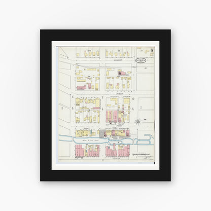 Old map wall art mockup — black gallery frame with white mat — Sanborn Fire Insurance Map from Defiance, Defiance County, Ohio (1893), Sheet #0005