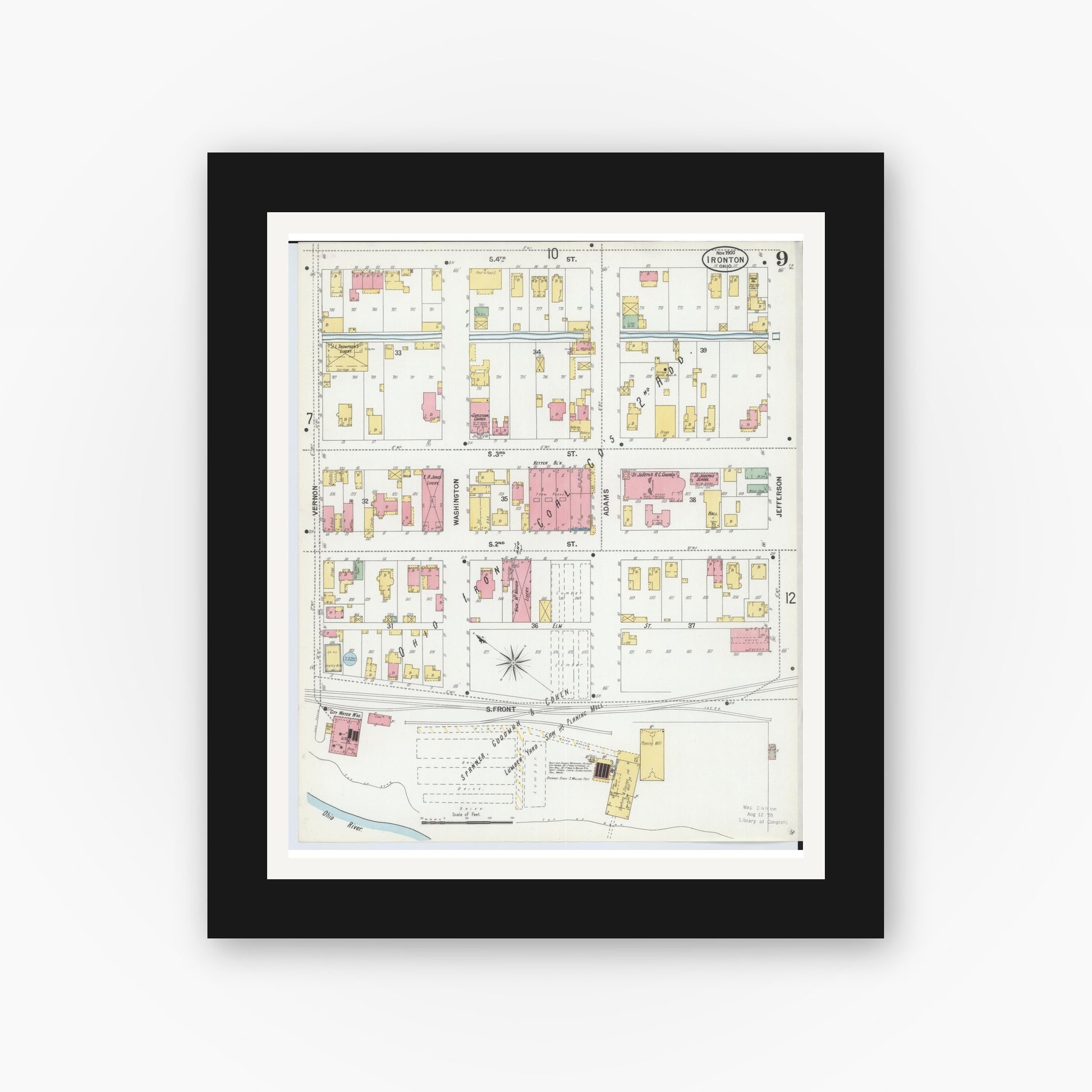 Old map wall art mockup — black gallery frame with white mat — Sanborn Fire Insurance Map from Ironton, Lawrence County, Ohio (1900), Sheet #0009