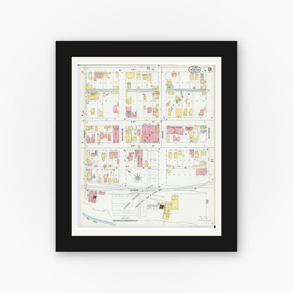 Old map wall art mockup — black gallery frame with white mat — Sanborn Fire Insurance Map from Ironton, Lawrence County, Ohio (1900), Sheet #0009