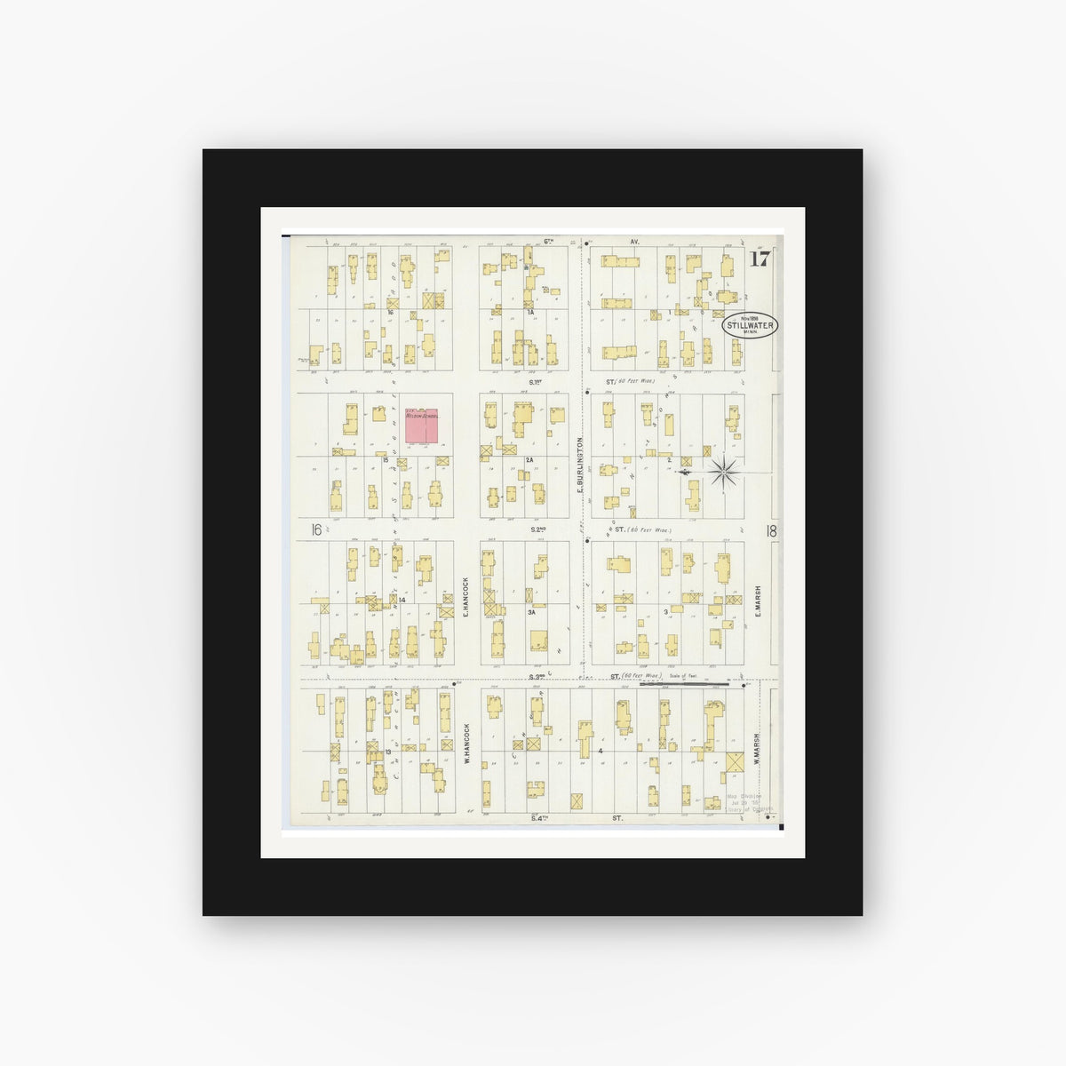 Old map wall art mockup — black gallery frame with white mat — Sanborn Fire Insurance Map from Stillwater, Washington County, Minnesota (1898), Sheet #0017
