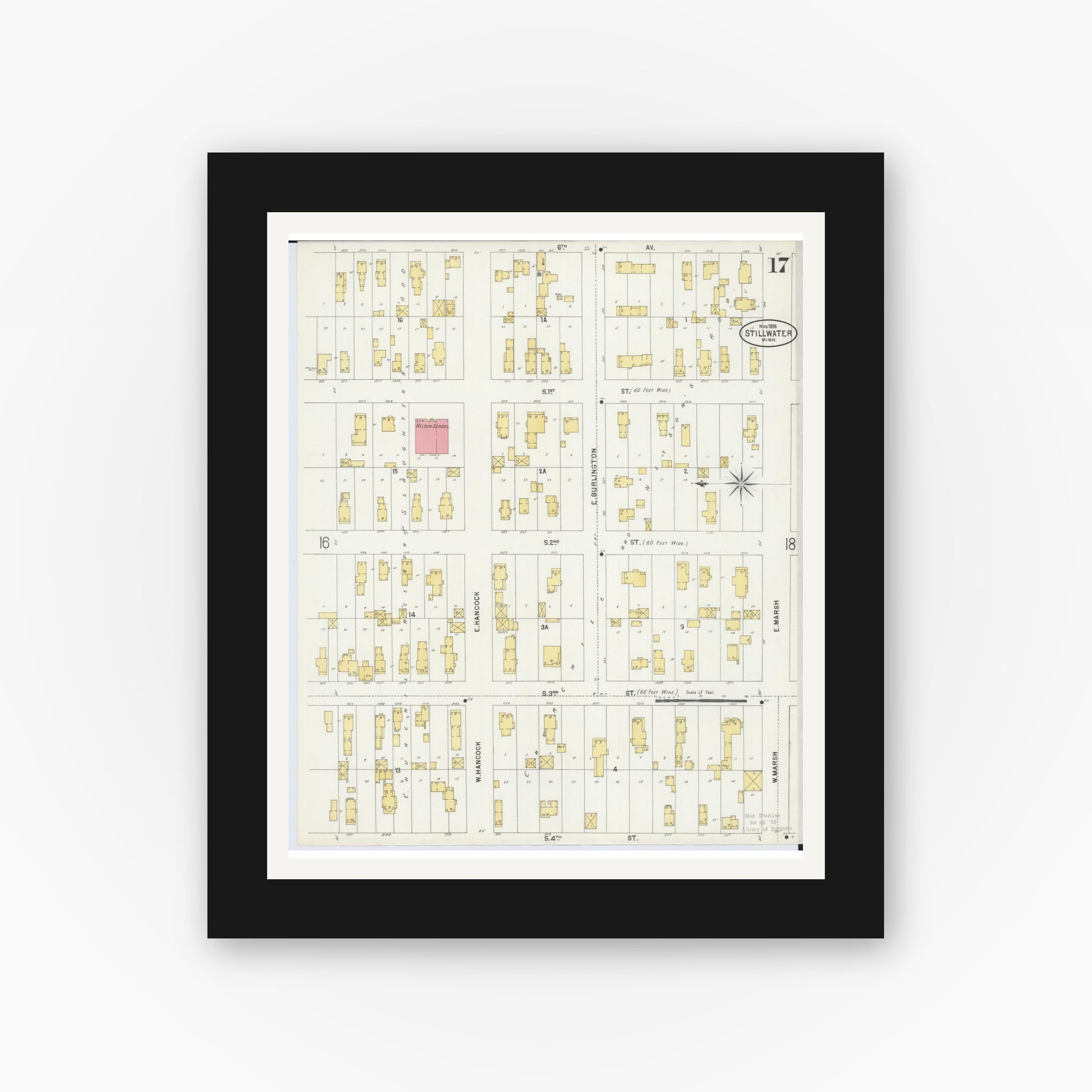 Old map wall art mockup — black gallery frame with white mat — Sanborn Fire Insurance Map from Stillwater, Washington County, Minnesota (1898), Sheet #0017