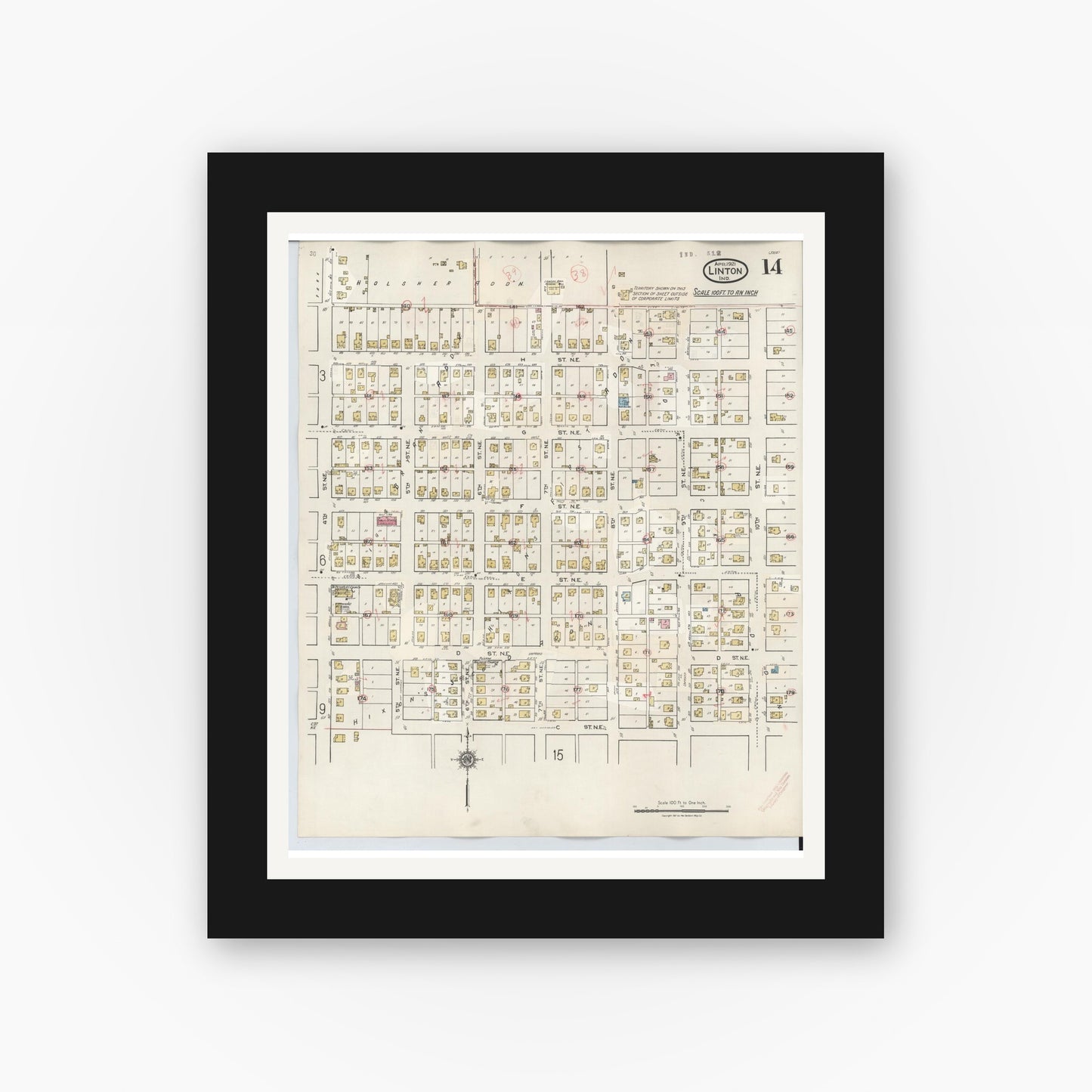 Old map wall art mockup — black gallery frame with white mat — Sanborn Fire Insurance Map from Linton, Greene County, Indiana (1948), Sheet #0014