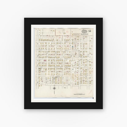 Old map wall art mockup — black gallery frame with white mat — Sanborn Fire Insurance Map from Linton, Greene County, Indiana (1948), Sheet #0014