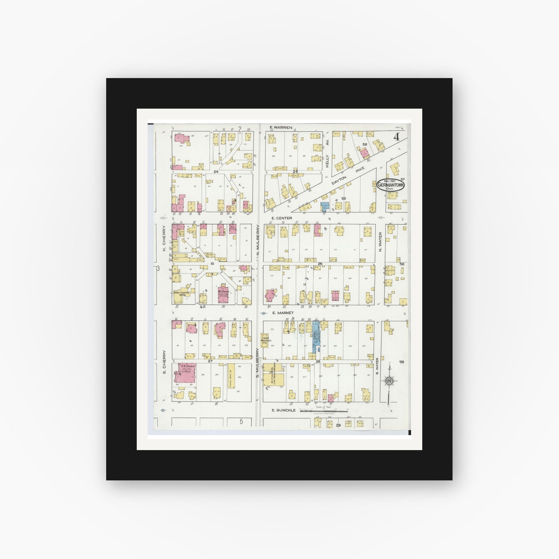 Old map wall art mockup — black gallery frame with white mat — Sanborn Fire Insurance Map from Germantown, Montgomery County, Ohio (1921), Sheet #0004