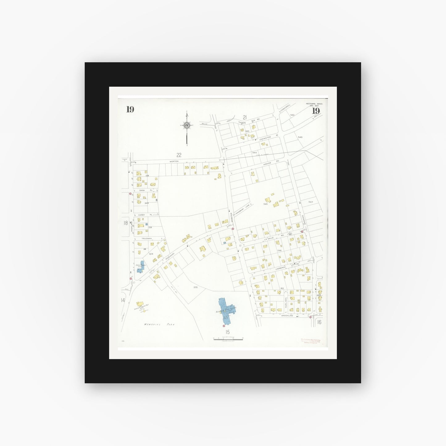 Old map wall art mockup — black gallery frame with white mat — Sanborn Fire Insurance Map from Needham, Norfolk County, Massachusetts (1937), Sheet #0019