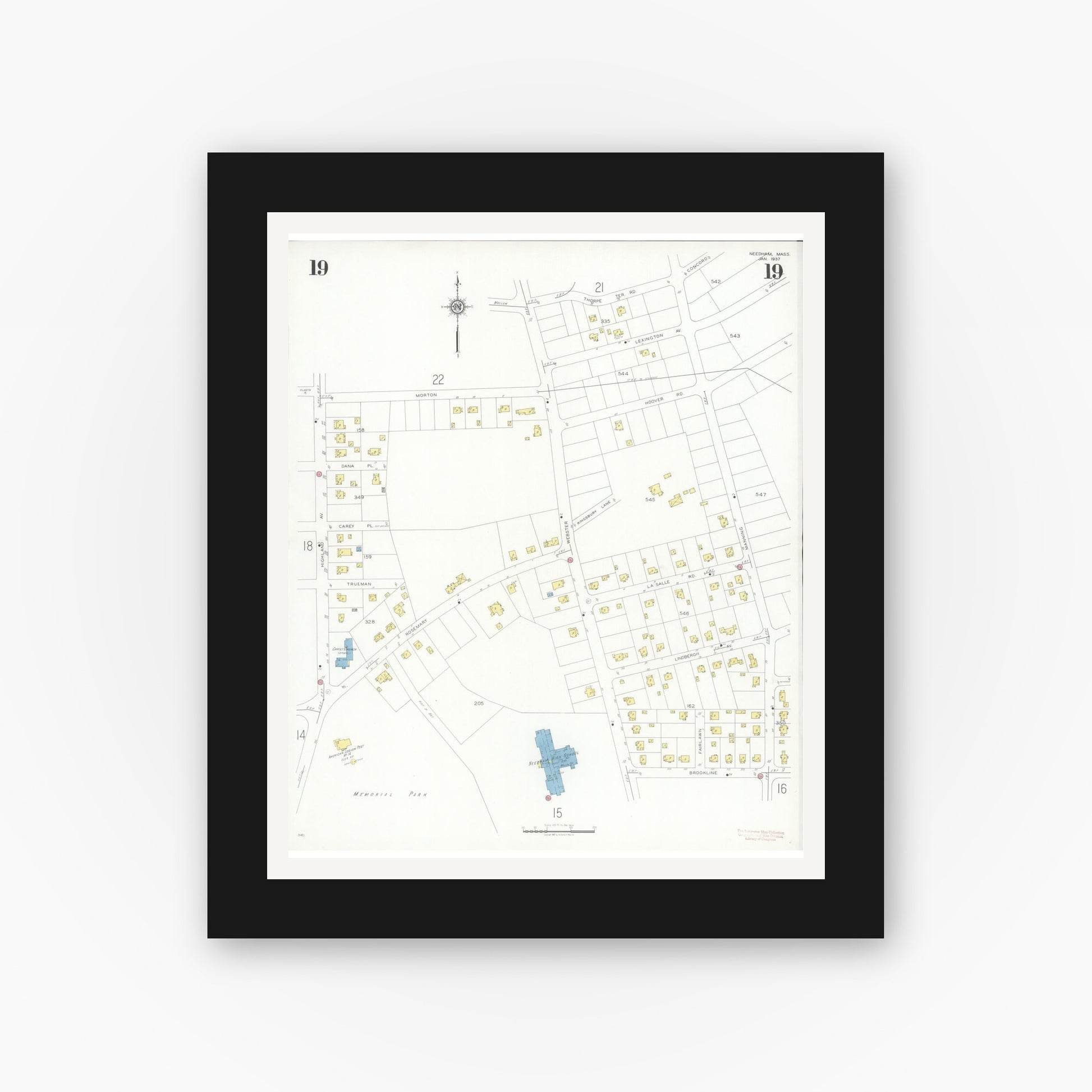Old map wall art mockup — black gallery frame with white mat — Sanborn Fire Insurance Map from Needham, Norfolk County, Massachusetts (1937), Sheet #0019