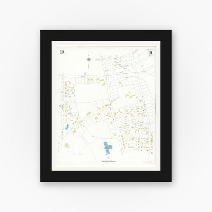 Old map wall art mockup — black gallery frame with white mat — Sanborn Fire Insurance Map from Needham, Norfolk County, Massachusetts (1937), Sheet #0019