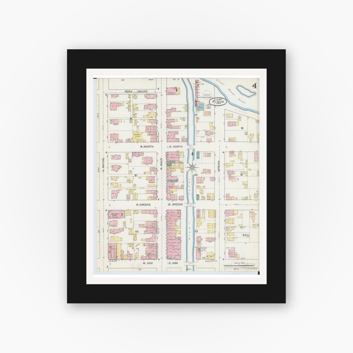 Old map wall art mockup — black gallery frame with white mat — Sanborn Fire Insurance Map from Piqua, Miami County, Ohio (1892), Sheet #0004