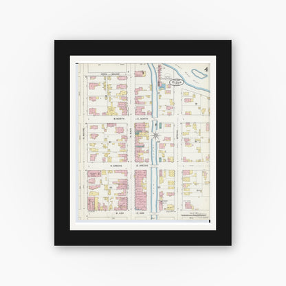 Old map wall art mockup — black gallery frame with white mat — Sanborn Fire Insurance Map from Piqua, Miami County, Ohio (1892), Sheet #0004