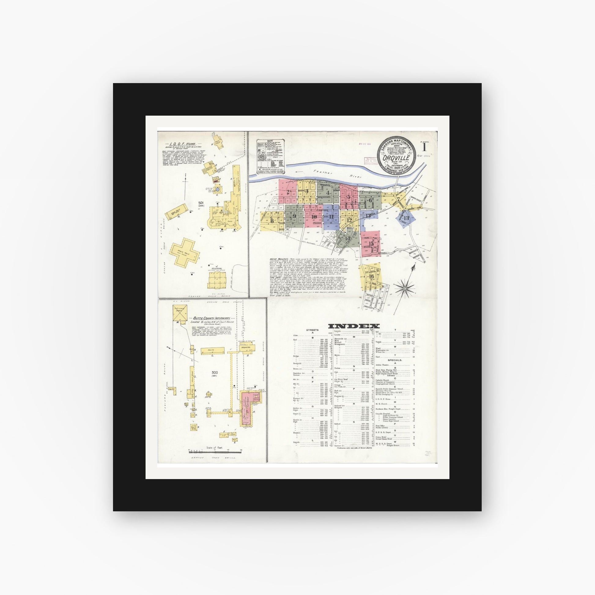 Old map wall art mockup — black gallery frame with white mat — Sanborn Fire Insurance Map from Oroville, Butte County, California (1909) - Complete Map Set