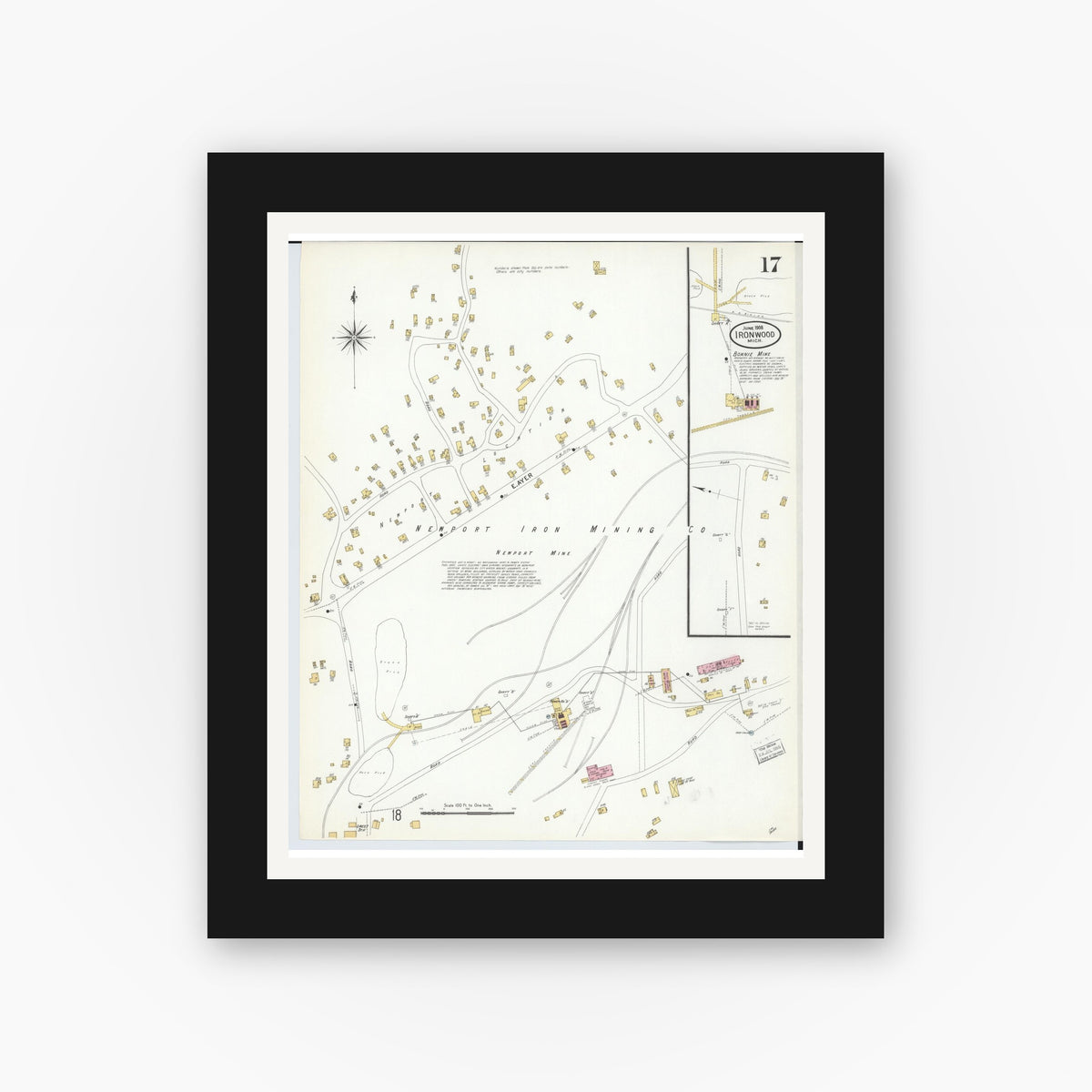 Old map wall art mockup — black gallery frame with white mat — Sanborn Fire Insurance Map from Ironwood, Gogebic County, Michigan (1908), Sheet #0017