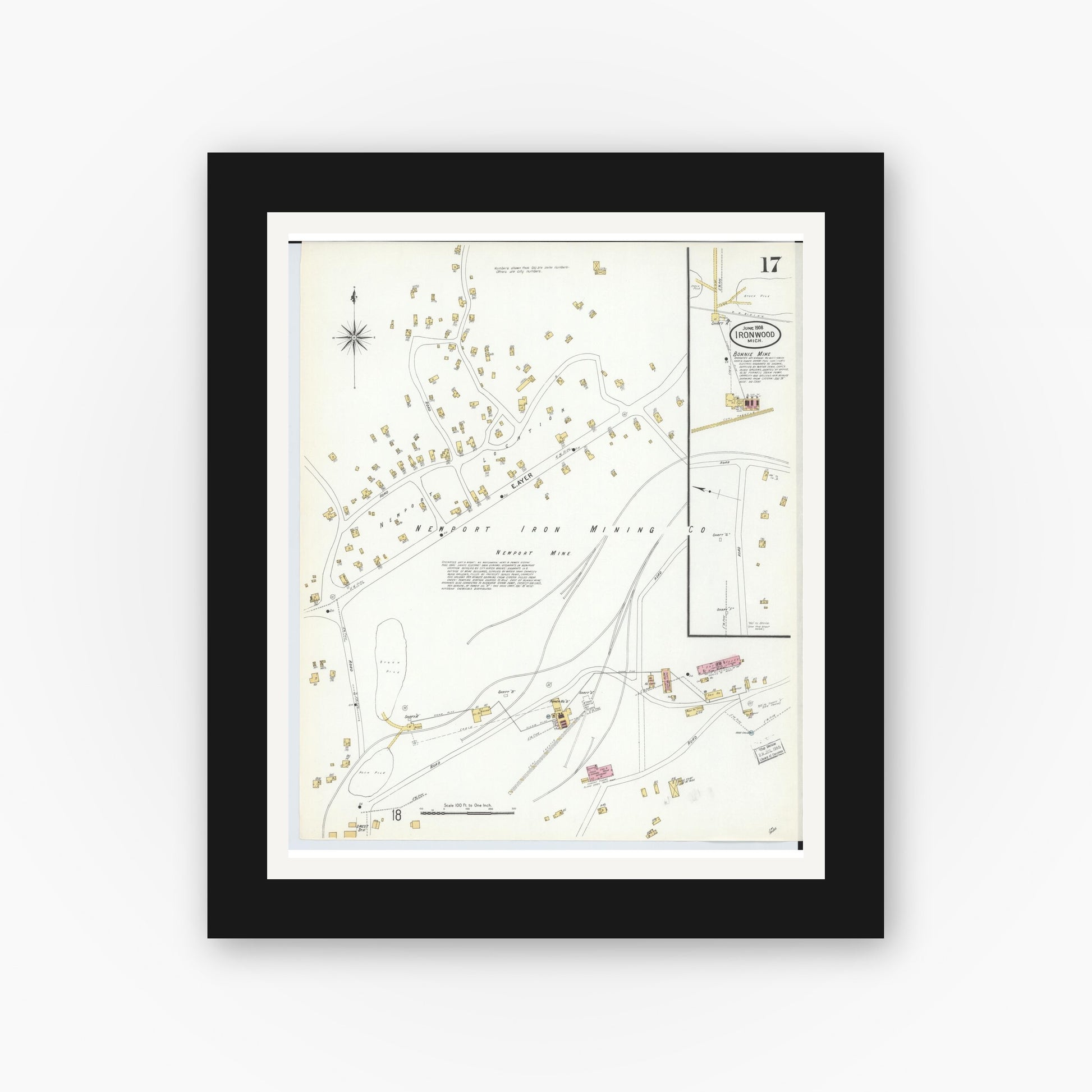 Old map wall art mockup — black gallery frame with white mat — Sanborn Fire Insurance Map from Ironwood, Gogebic County, Michigan (1908), Sheet #0017