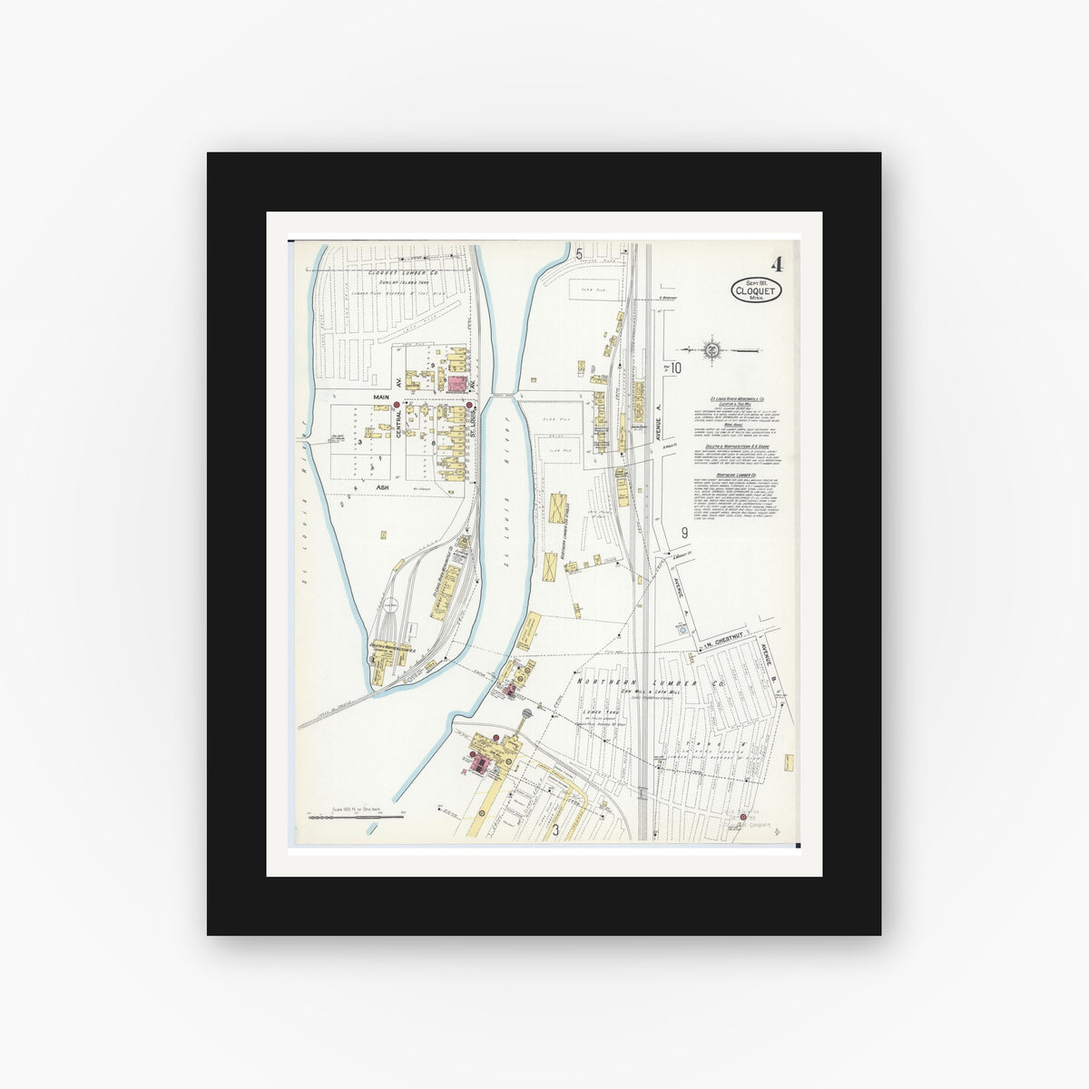 Old map wall art mockup — black gallery frame with white mat — Sanborn Fire Insurance Map from Cloquet, Carlton County, Minnesota (1911), Sheet #0004