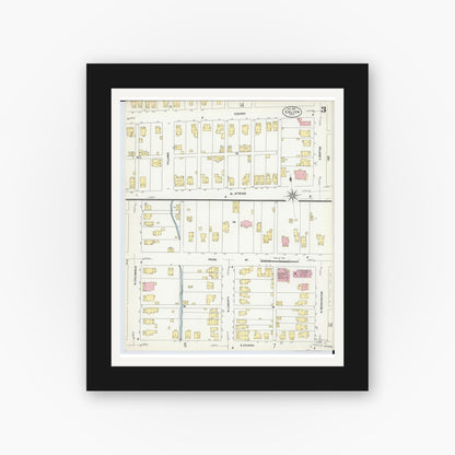 Old map wall art mockup — black gallery frame with white mat — Sanborn Fire Insurance Map from Galion, Crawford County, Ohio (1907), Sheet #0003