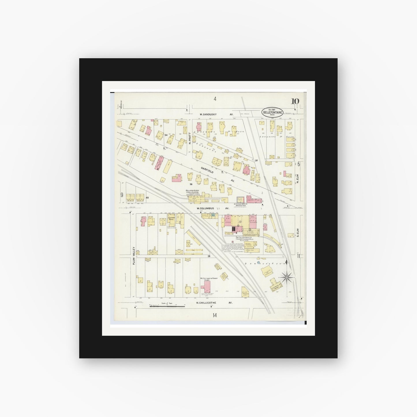 Old map wall art mockup — black gallery frame with white mat — Sanborn Fire Insurance Map from Bellefontaine, Logan County, Ohio (1907), Sheet #0010