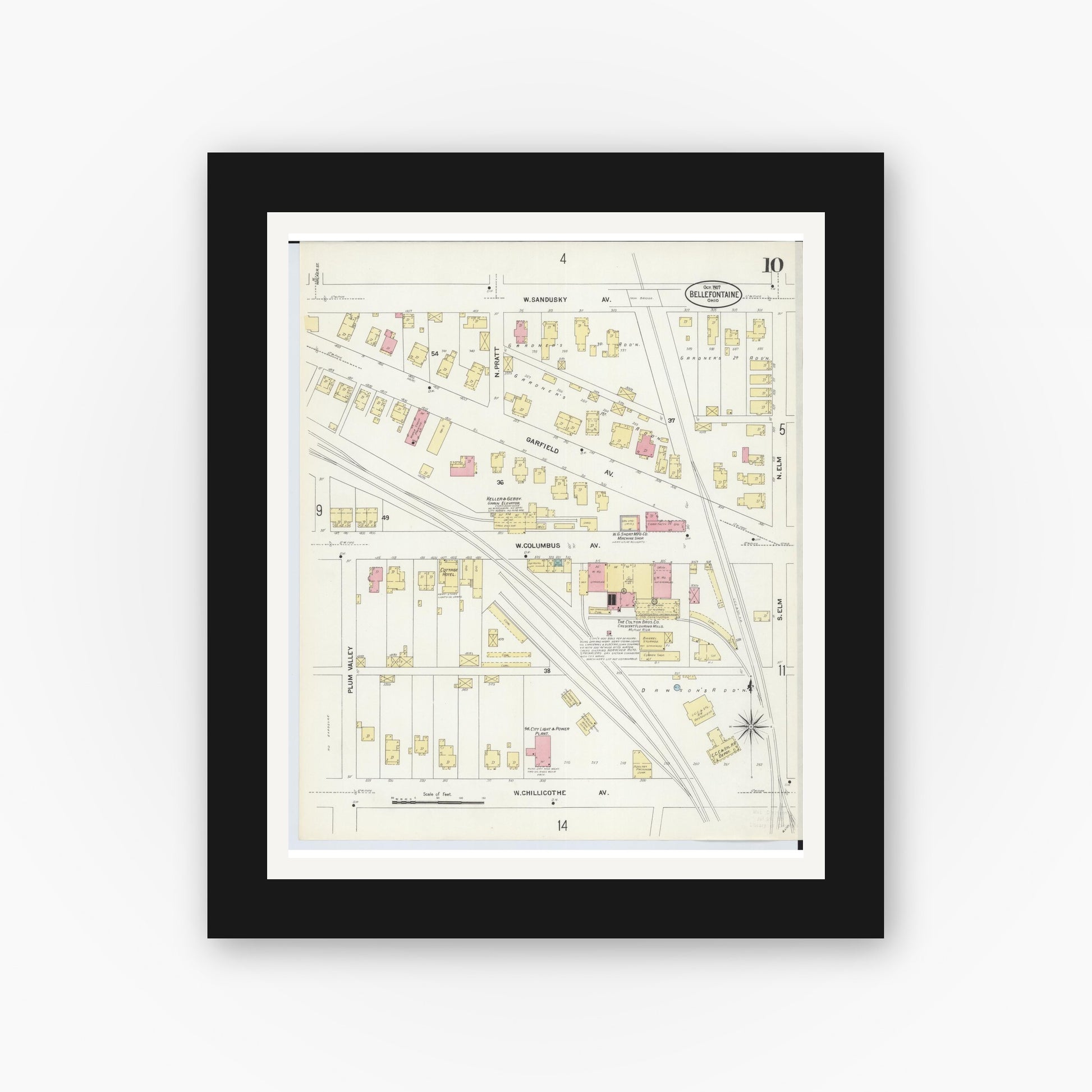 Old map wall art mockup — black gallery frame with white mat — Sanborn Fire Insurance Map from Bellefontaine, Logan County, Ohio (1907), Sheet #0010