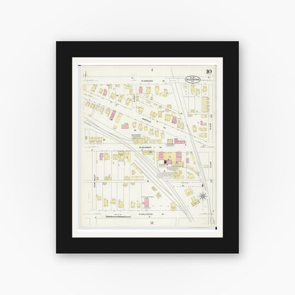 Old map wall art mockup — black gallery frame with white mat — Sanborn Fire Insurance Map from Bellefontaine, Logan County, Ohio (1907), Sheet #0010