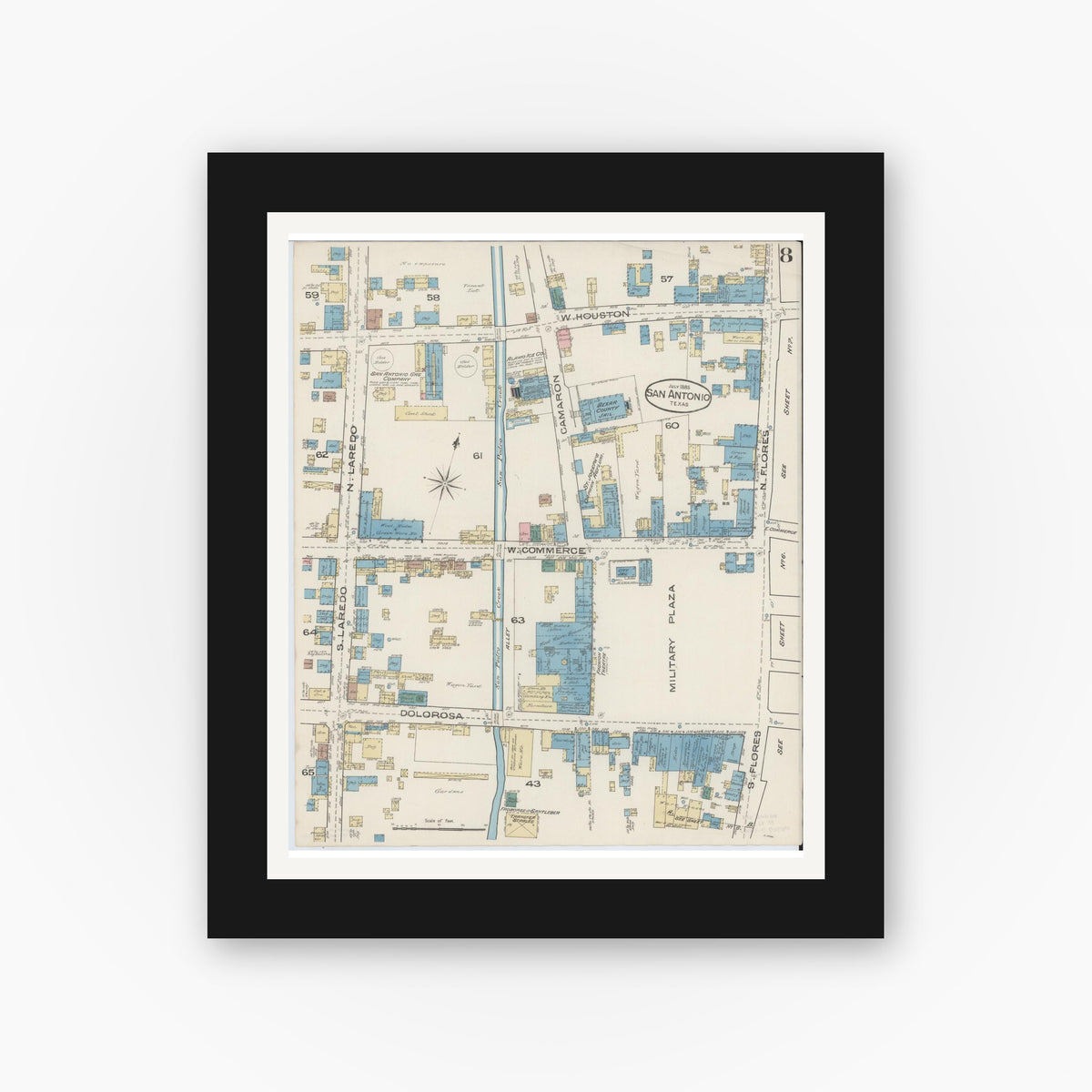 Old map wall art mockup — black gallery frame with white mat — Sanborn Fire Insurance Map from San Antonio, Bexar County, Texas (1885), Sheet #0008