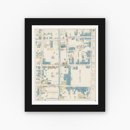 Old map wall art mockup — black gallery frame with white mat — Sanborn Fire Insurance Map from San Antonio, Bexar County, Texas (1885), Sheet #0008