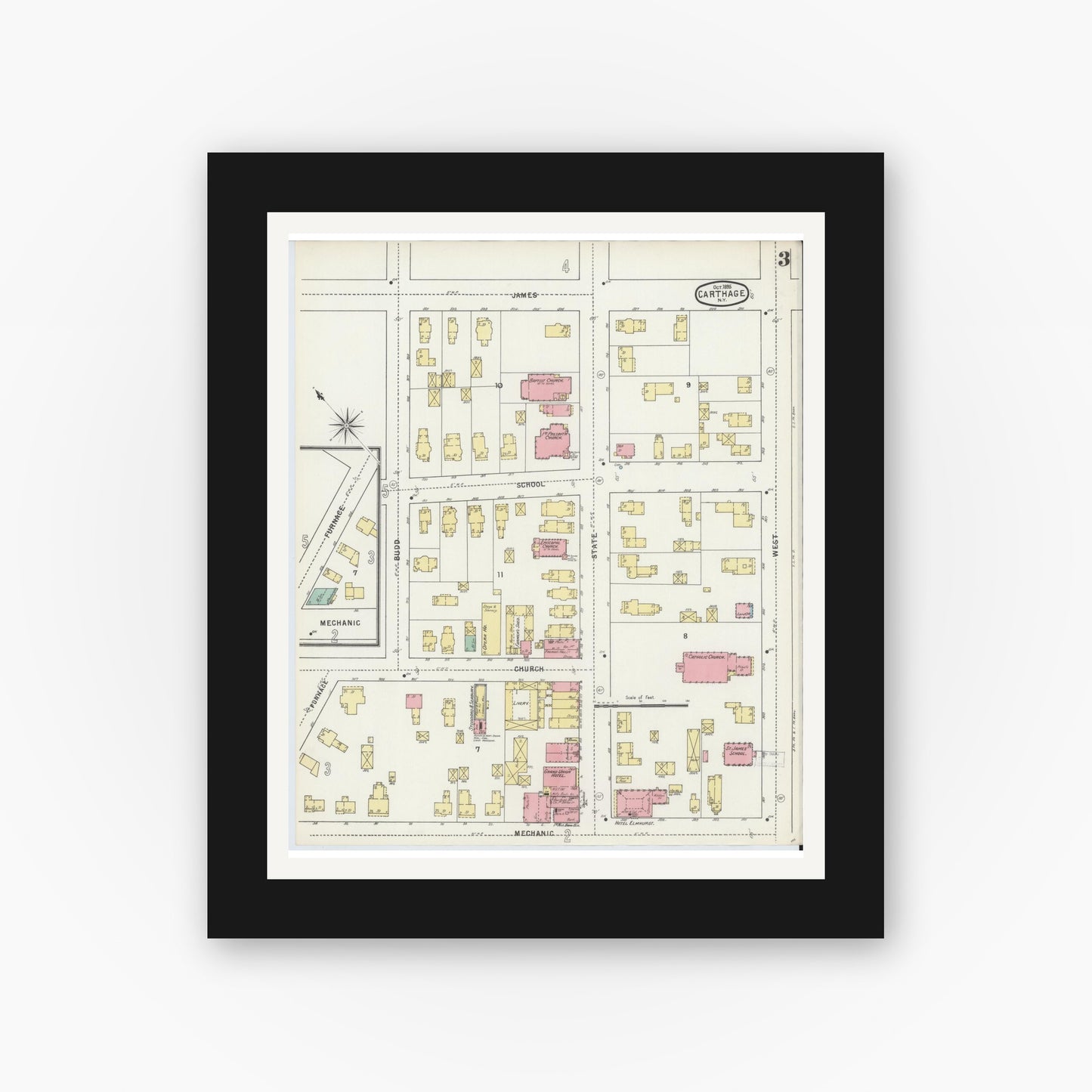 Old map wall art mockup — black gallery frame with white mat — Sanborn Fire Insurance Map from Carthage, Jefferson County, New York (1895), Sheet #0003